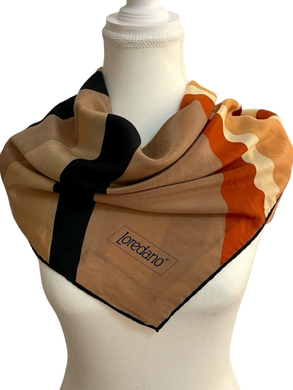 Loredano 100% Silk Geometric Scarf Neutral Beige Black Orange Square Scarf